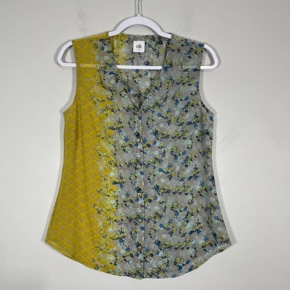 Cabi Offsides‎ 50/50 Sheer Sleeveless Blouse Womens Small Gray Yellow Floral